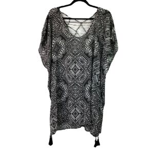 NEW PALISADES BEACH CLUB XS XSMALL TOP BLACK WHITE TUNIC‎ SWIM COVERUP TASSELS